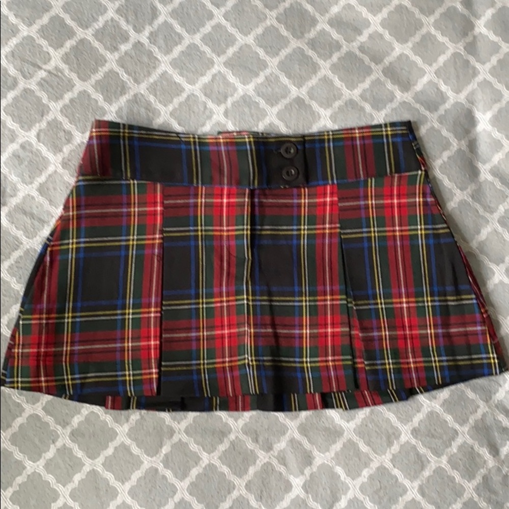 Red Plaid Mini Skirt with Button Waistband